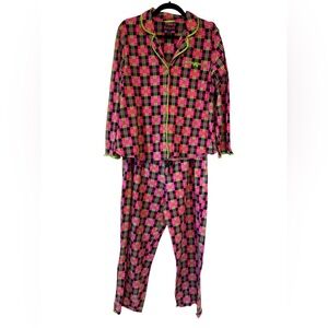 BETSEYVILLE Pink Plaid Pajama Set Button Front Neon Trim PJ Set XL